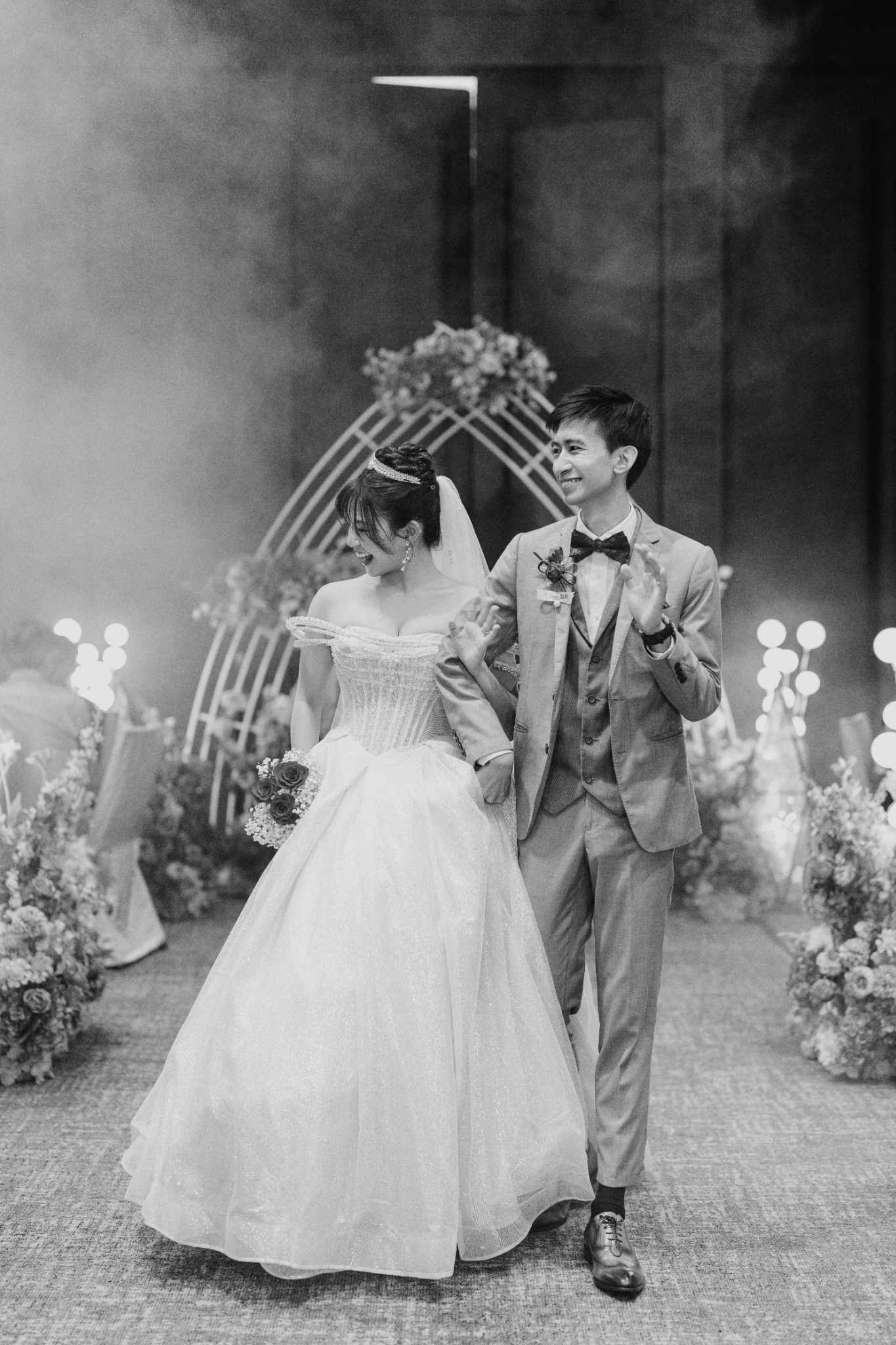 Newlyweds walking down the aisle
